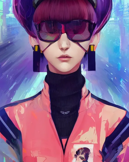 Image similar to poster woman with futuristic streetwear and hairstyle, colourful, cute face, dynamic portrait, intricate eyes,, beautiful, elegant, Anime by Kuvshinov Ilya, Cushart Krentz and Gilleard James, 4k, HDR, Trending on artstation, Behance, Pinterest, award winning