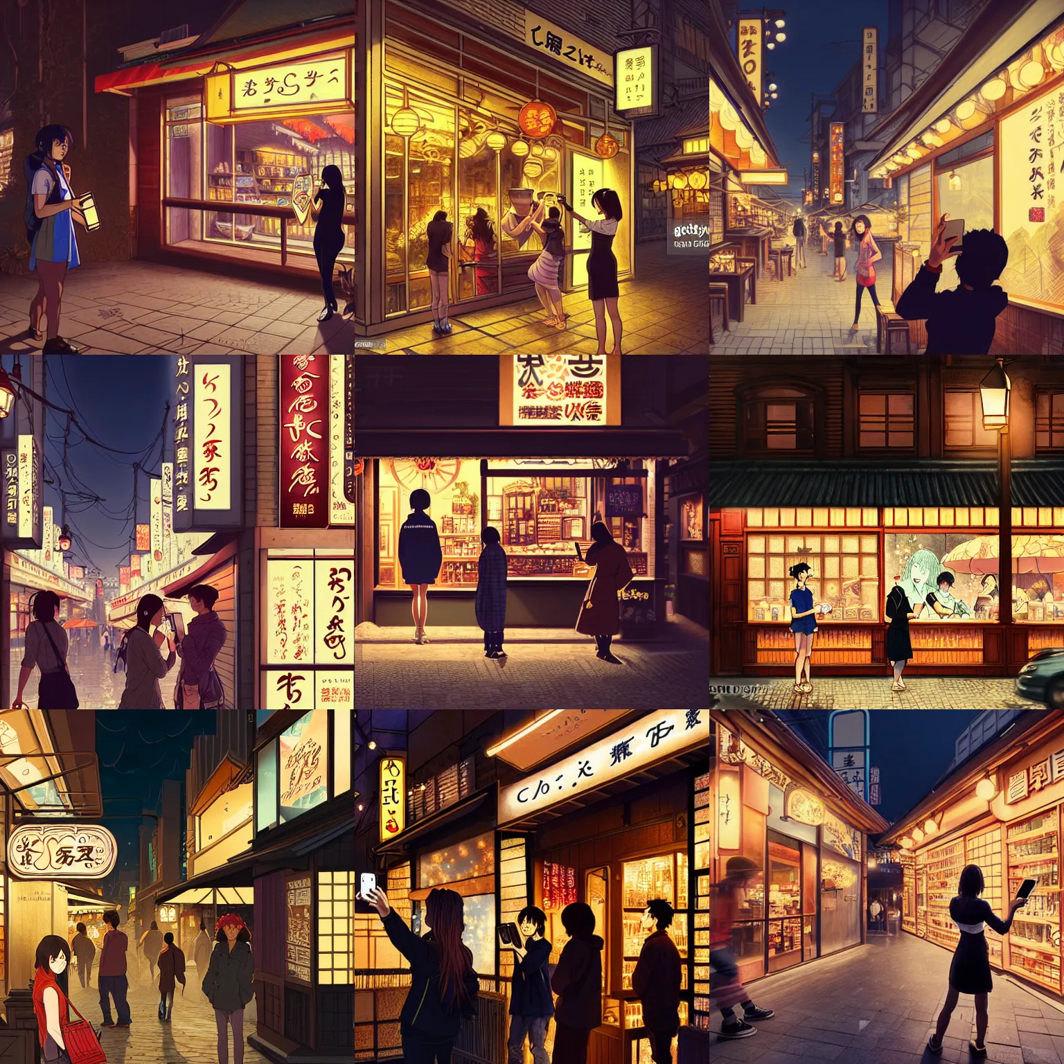 Prompt: a young female taking a selfie in front of a coffee shop store in The City of Japan at night with a few customers, extreme plus resolution fantasy concept art, intricate details to everything visible, sharp lighting, Dramatic light by denis villeneuve, strong emphasis on alphonse mucha, Makoto Shinkai