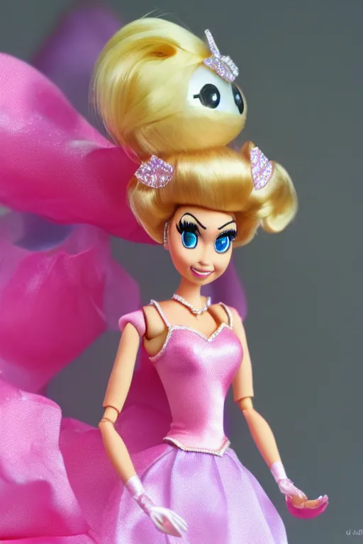 Image similar to princess peach from super mario as barbie doll, photorealistic, highly detailed,