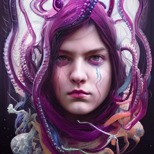 Image similar to art portrait of a furious girl with purple tentacles on her head,8k,by tristan eaton, Stanley Artgermm,Tom Bagshaw,Greg Rutkowski,Carne Griffiths,trending on DeviantArt, face enhance,hyper detailed ,full of colour,