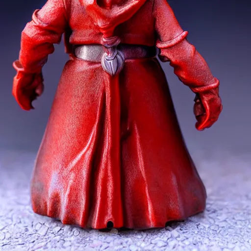 Image similar to 80mm resin model figure female gnome wearing long red coat ,fantasy, D&D, HDR, , natural light, medium close shot, dynamic pose, award winning photograph, Mucha style