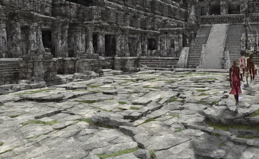 Image similar to Fashion Runway!, Catwalk!!, Platform on fantastic Maya Temple, Concept Art, Hyperdetailed, Rendering, Epic Lighting, Octane, Redshift, 4k