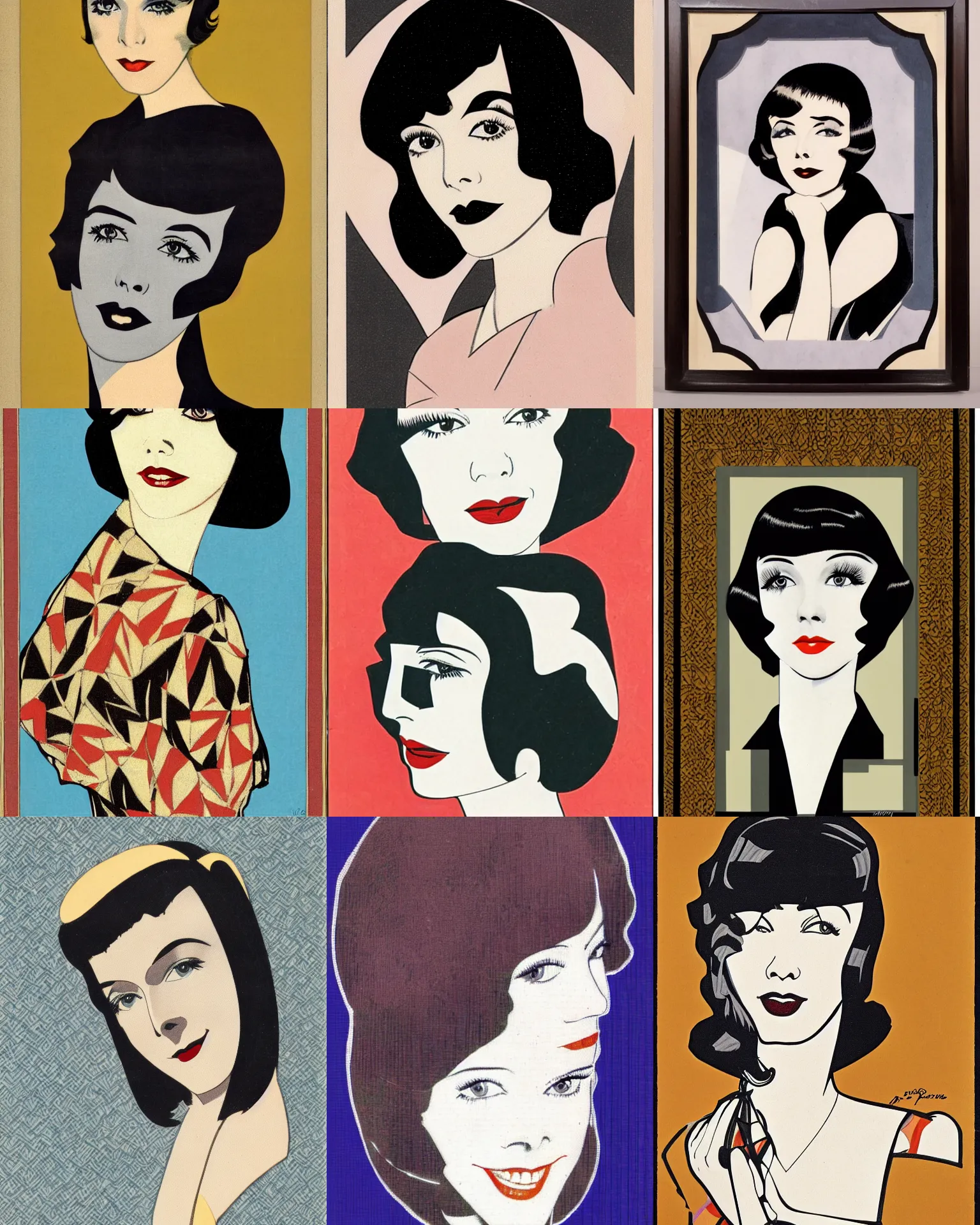 Prompt: Colleen Moore 25 years old, bob haircut, portrait by Patrick Nagel, 1920s, patterned tessellation