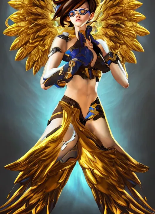 Image similar to full body oil painting of tracer overwatch in the style of mark brooks, angel wings, dramatic painting, symmetrical composition, wearing detailed ornate golden suit, high detail, gold detailed choker, angelic, lights, flowers, heavenly, bright, detailed face,