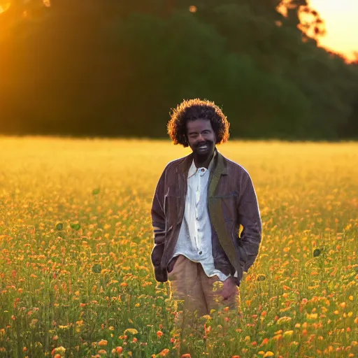 Prompt: an east african man with curly hair in a vast field of flowers, looking off into the sunset, relaxing, wide shot, golden hour, vintage, impressionist painting, fine art, oil painting, dreamy, pastel, laughing, happy, intricate details, sharp, peaceful, serene