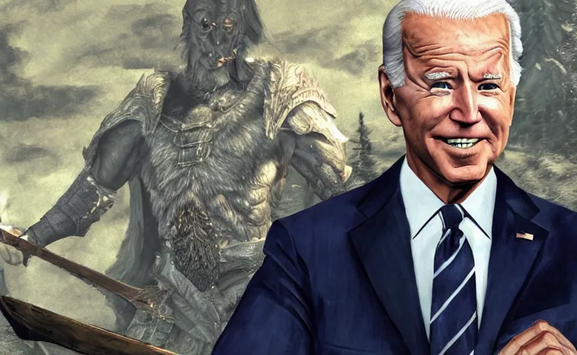 Image similar to joe biden in markrath, skyrim, a photorealistic painting