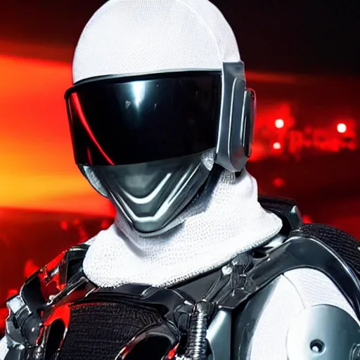 Image similar to eminem wearing a futuristic armored mask with large amber eye reflective lenses, and black leather exoskeleton mechanical body armor. a mini - gunner is attached to the end of a robot arm that mounted to his shoulder - h 6 4 0