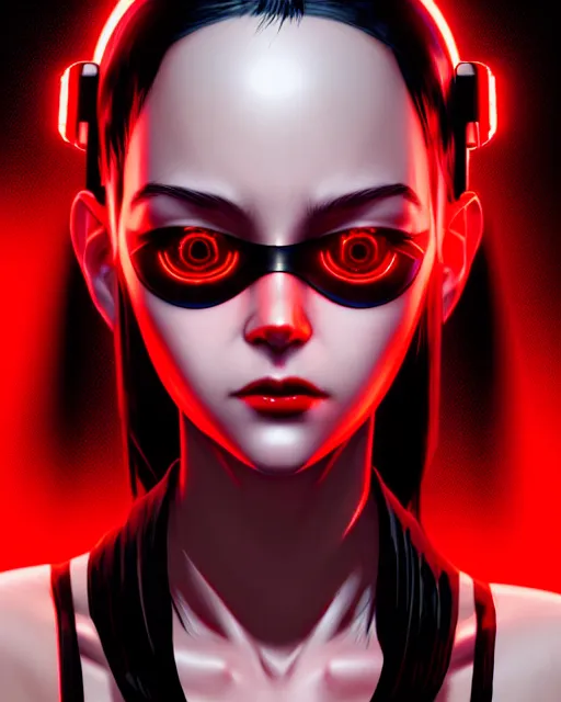 Image similar to a detailed potrait of a cyberpunk cyborg girl with black and red parts, perfect face, realistic shaded perfect face, detailed. night setting. very anime style. realistic shaded lighting poster by ilya kuvshinov katsuhiro, unreal engine, global illumination, radiant light, detailed and intricate environment