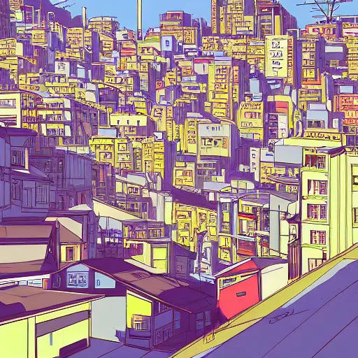 Image similar to city street, sloped street, city on tall hillside, street scene, rollerbladers grinding on rails, skaters, rollerskaters, cel - shading, 2 0 0 1 anime, flcl, jet set radio future, golden hour, japanese town, concentrated buildings, japanese neighborhood, electrical wires, cel - shaded, strong shadows, vivid hues, y 2 k aesthetic