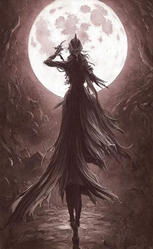 Image similar to book cover art, female dark witch from behind in front of the full big moon, watercolor, dramatic lighting, cinematic, establishing shot, extremely high detail, foto realistic, cinematic lighting, pen and ink, intricate line drawings, by Yoshitaka Amano, Ruan Jia, Kentaro Miura, Artgerm, post processed, concept art, artstation, matte painting, style by eddie mendoza, raphael lacoste, alex ross