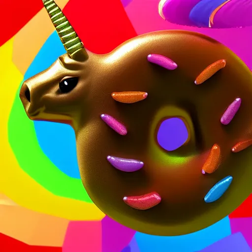 Image similar to a unicorn with flammingo neck is pooping rainbow colored donuts, unreal engine, octane render