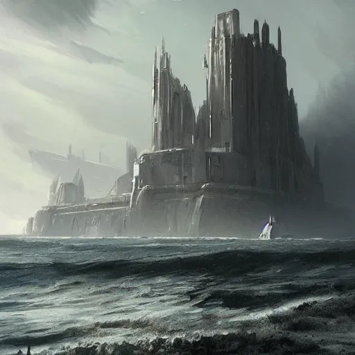 Image similar to star wars concept art by greg rutkowski, a palatial and imposing grey wide tower emerging from the sea in the middle of a ocean landscape, enigmatic atmosphere, beautiful and cinematic lighting, artstation hq.