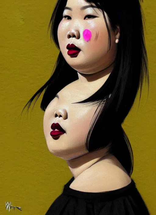 Prompt: portrait of a plump thai woman with a crooked nose and a confident expression, 1 9 6 0 s, black clothes, goth, punk, brightly coloured hair, funk, intricate, elegant, highly detailed, digital painting, artstation, concept art, smooth, sharp focus, illustration, art by wlop, mars ravelo and greg rutkowski