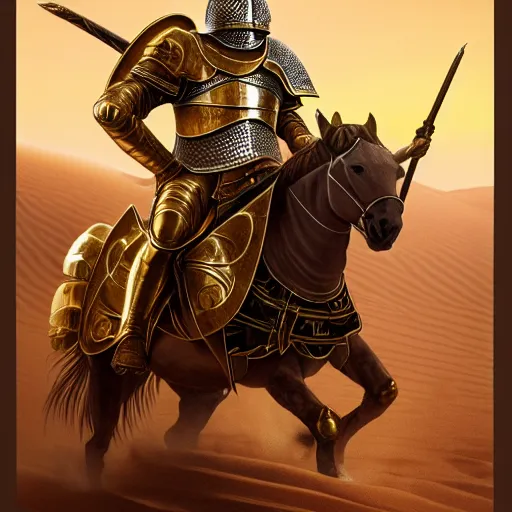 Image similar to Realistic photo of the king of the Desert in Battle, Knight with a golden helmet and a Silver Armour, Sand, Heroic Battle Scene, D&D, fantasy, intricate, cinematic lighting, highly detailed, digital painting, Artstation, 8k, photorealistic, art by Artgerm and Greg Rutkowski and Alphonse Mucha
