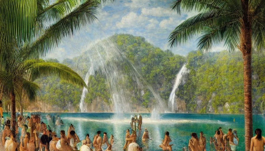 Image similar to a ultradetailed beautiful painting of the diamonds waterfall in the amazonas palace balustrade designed by jules bastien - lepage, tarsila do amaral, frank weston and gustave baumann, beach, trending on artstation, mediterranean, palm trees, sharp focus, soft light, 8 k 4 k