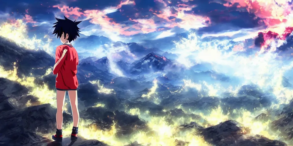 Image similar to anime character watching an apocalyptic landscape with mountains and the clouds are burning, hyperrealistic, trending on pixiv fanbox