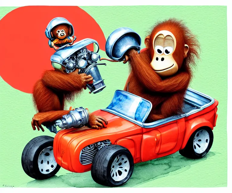 Image similar to cute and funny, orangutan wearing a helmet riding in a tiny hot rod with oversized engine, ratfink style by ed roth, centered award winning watercolor pen illustration, isometric illustration by chihiro iwasaki, edited by range murata, tiny details by artgerm, symmetrically isometrically centered