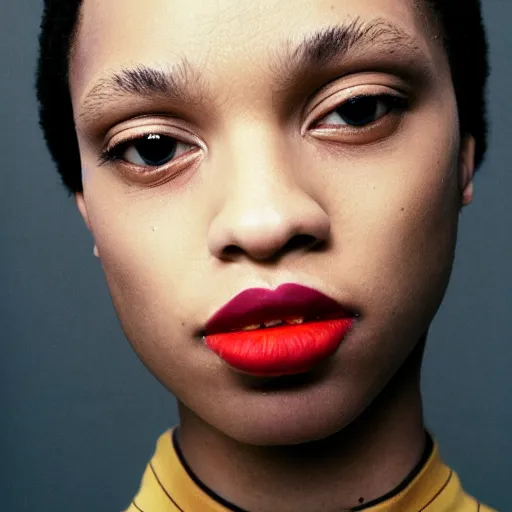 Image similar to realistic! photoshoot for a new balenciaga lookbook, color film photography, portrait of a beautiful woman, woman has creative make-up on, photo in style of tyler mitchell, 35mm