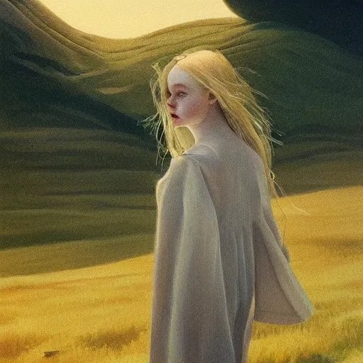 Prompt: Elle Fanning in the painted world of The Ring, head and shoulders masterpiece, apocalypse, golden hour, cosmic horror, artstation, in the style of Andrew Wyeth and Edward Hopper and Bosch, extremely detailed