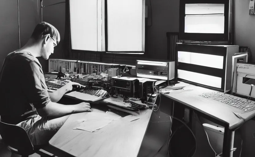 Image similar to man sitting facing away, working in low lit radio booth, one single lamp, colour video, keyboard, door to lab, sweaty, tannoy, strange