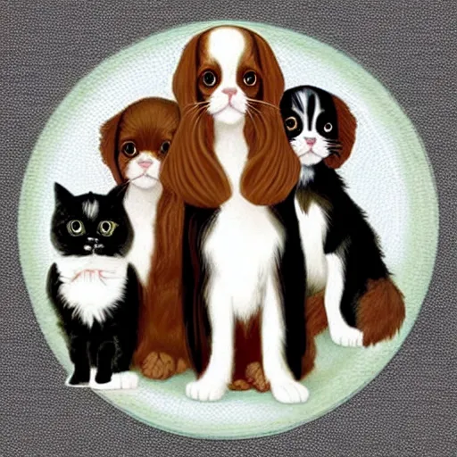 Image similar to one Cavalier King Charles Spaniel and two ragdoll kittens and one black cat drinking beer in the style of norman rockwell