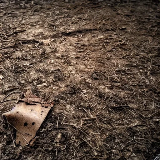 Prompt: A realistic detailed photo of a creepy mask on the ground, dirt, red marks, wood, scars, glass reflections, foggy landscape, creepy, light particles, detailed light, realistic shaders, trending on artisation, detailed textures, detailed, realistic.