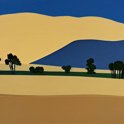 Image similar to motel in a desert rural landscape, painted by Alex Katz and Edward Hopper, airbrush, highly detailed