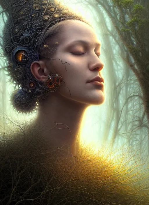 Image similar to closeup portrait shot of a meditation in nature in a scenic dystopian environment, intricate, elegant, highly detailed, centered, digital painting, artstation, concept art, smooth, sharp focus, illustration, artgerm, tomasz alen kopera, peter mohrbacher, donato giancola, joseph christian leyendecker, wlop, boris vallejo