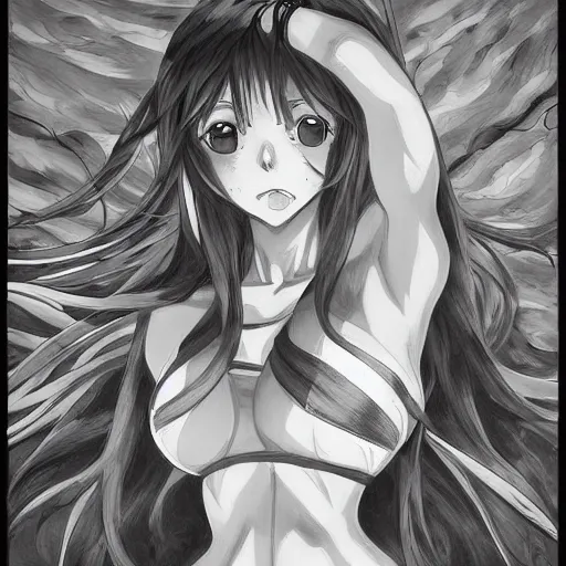 Prompt: the transfiguration of a anime girl in bikini, an ultrafine detailed painting by james jean, greyscale, behance contest winner, vanitas, angular, altermodern