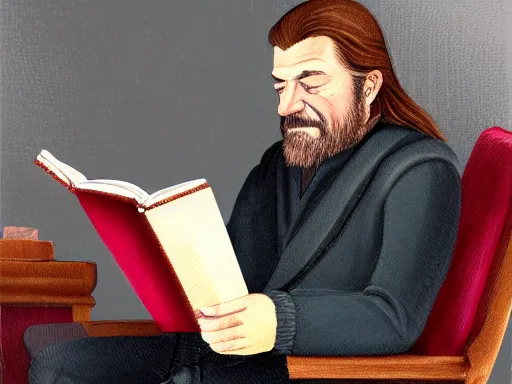 Prompt: portrait of Lord Ned Stark sitting thoughtfully at a desk, reding a big book, elegant, digital painting, sharp focus, painted by Marc Simonett