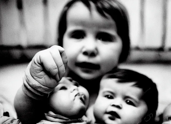 Prompt: high resolution black and white portrait with an 8 0 mm f / 1 2 lens of babies in chernobyl in 1 9 8 9.