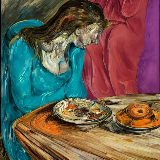 Image similar to high quality high detail expressionist painting of a woman eating in agony by lucian freud and jenny saville and francis bacon and francisco goya and edvard munch, hd, anxiety, seated at table crying and screaming, turquoise and purple and orange and pink