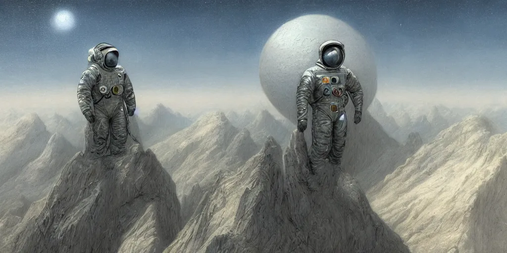 Image similar to A highly detailed matte painting, space man, space suit, imax render, 8K resolution, trending on artstation, style of alan lee and john howe