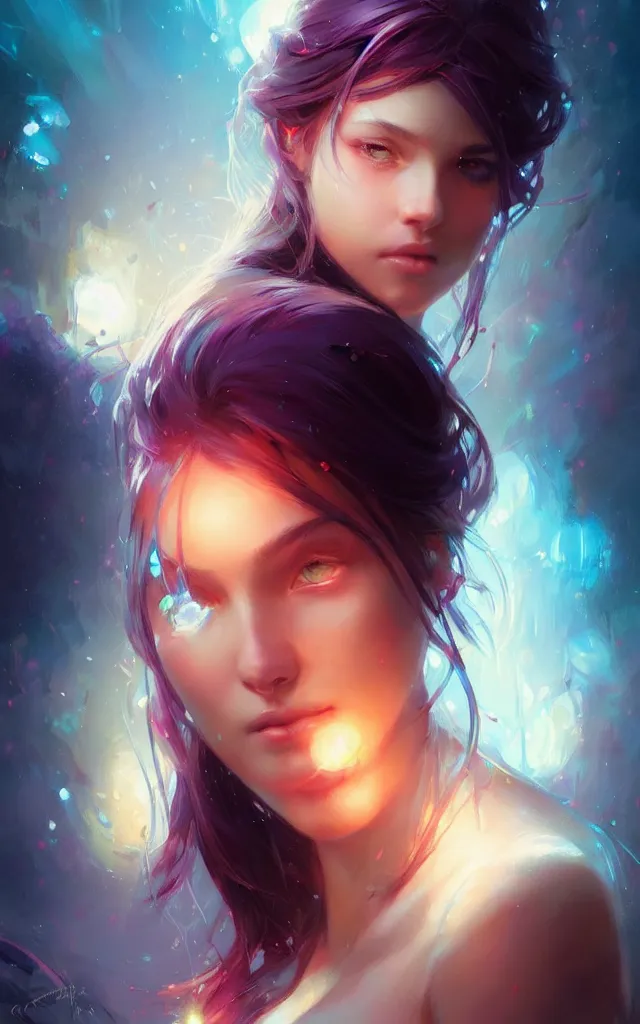 Image similar to beautiful girl portrait by greg rutkowski and charlie bowater, vivid, artgerm, aesthetic, fine details, colorful swirls, gaudy colors, luminescent, organic matte painting, realistic eyes, masterpiece, busy background, bokeh, depth of field