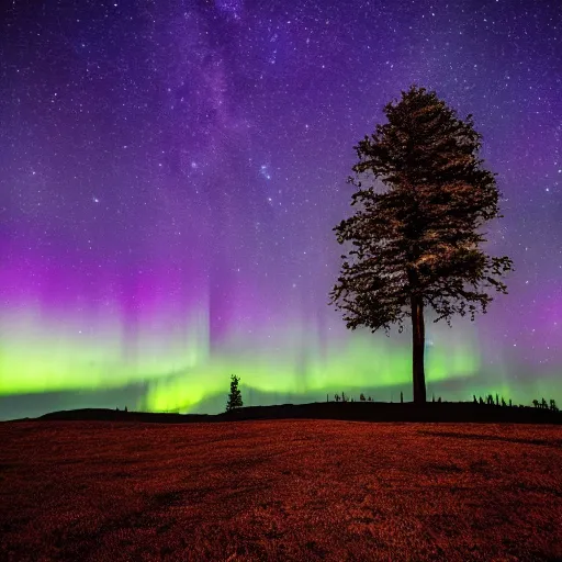 Prompt: beautiful lone tree in the distance on a hill, moonlight, aurora borealis, milky way, landscape photography, hyper-realistic