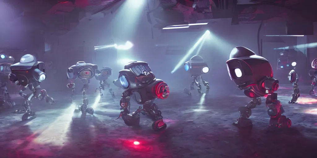 Prompt: a cinematic still of a laser tag game between robots, pixar monsters, and astronauts cinematography by Denis Villeneuve volumetric lighting