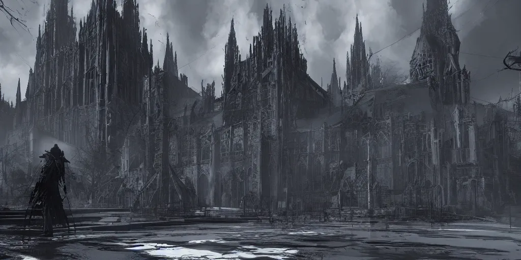 Image similar to grimdark tsutomu nihei aposimz gothic cathedral city, unreal engine, 8 k, ultra realistic, ultra detail