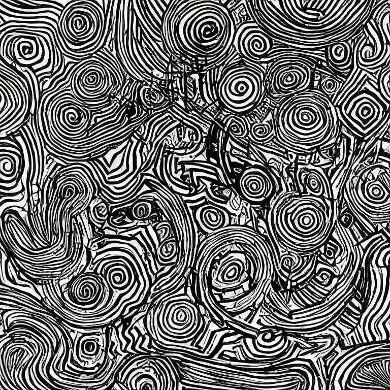 Prompt: a black and white drawing of many different things, an abstract drawing by nathaniel pousette - dart, featured on deviantart, psychedelic art, behance hd, repeating pattern, artwork