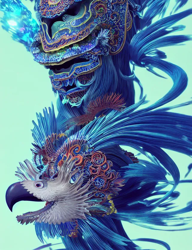 Image similar to 3 d shaman goddess close - up profile portrait. beautiful intricately detailed japanese crow kitsune mask and clasical japanese kimono. betta fish, jellyfish phoenix, bio luminescent, plasma, ice, water, wind, creature, artwork by tooth wu and wlop and beeple and greg rutkowski