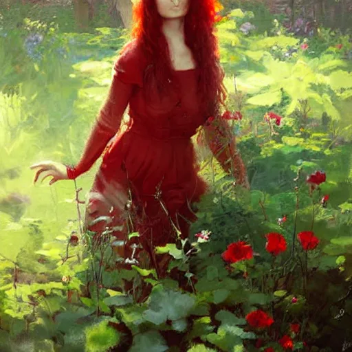 Prompt: a beautiful red haired woman in a garden, beautiful painting by greg rutkowski and magali villanueve