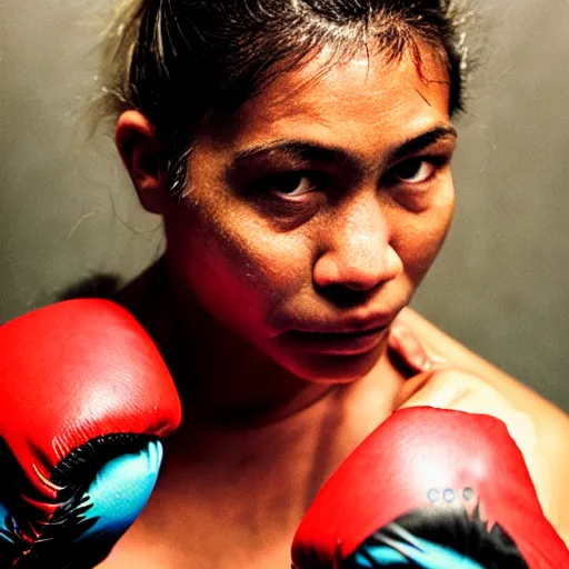 Image similar to close up portrait of woman boxer after boxing with brews blood sweating, photography photojournalism, very grainy image, 80mm lens, close up portrait polaroid