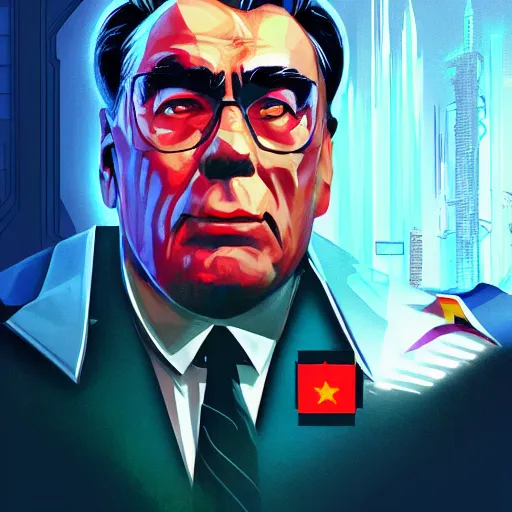 Image similar to cyberpunk leonid brezhnev as the leader of a futuristic communist nation, cybernetics, sharp lines, digital, artstation, colored in