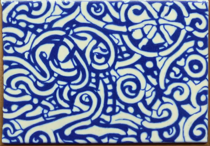 Prompt: azulejo blue and white painted tile art of robed culstists kneeling before cthulhu