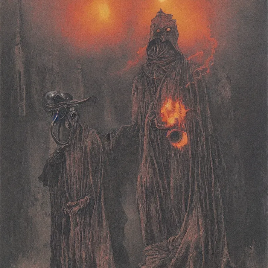 Image similar to plague doctor from iron gridle but human form, destroyed city and flames by zdzislaw beksinski, color