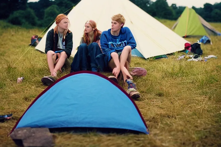 Image similar to candid photo of 3 teenagers camping at Glastonbury, UK, Kodak Portra 200,8K,highly detailed: beautiful perspective closeup environmental portrait photo in style of 2000s retrofuturism, cinema lighting , by beksinski, photography fashion edition, tilt shift, highly detailed, focus on man ;blonde hair;blue eyes, clear eyes, soft lighting