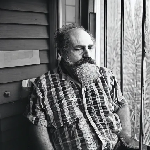 Image similar to a grumpy, top-heavy 60 year old man with short curly brown hair and a big beard sitting on his back porch next to a table covered in empty cigarette cartons and lottery tickets, 8mm lens photography,