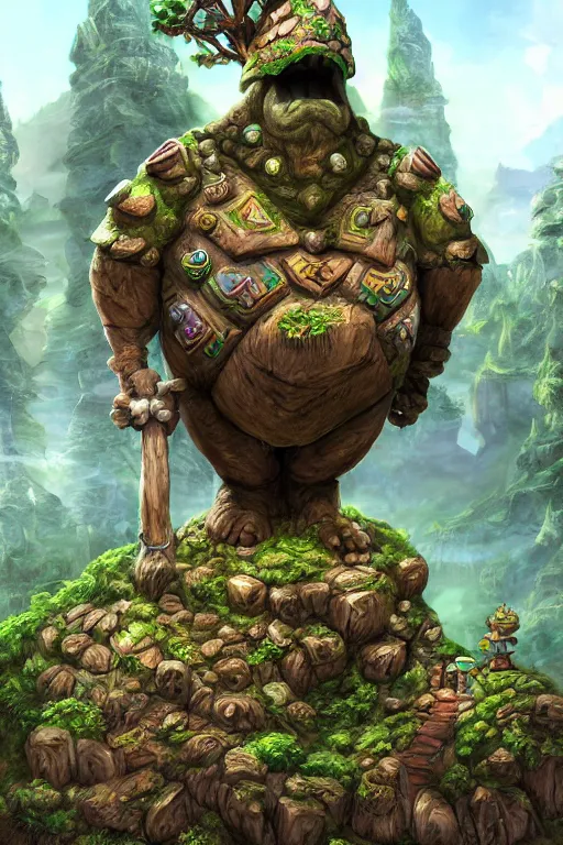 Image similar to zelda fantasy art giant golem troll wood rock greeble gemstone enchanted forest, global illumination ray tracing hdr fanart arstation by sung choi and eric pfeiffer and gabriel garza and casper konefal bastion forged hardmesh lisa frank zbrush central radiating a glowing aura global illumination ray tracing hdr