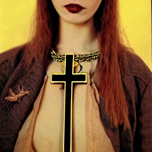 Image similar to full body shot, color slide, Kodak Ektachrome E100, studio photographic portrait of Death as a young pale, attractive girl, wears Egyptian Ankh Cross Pendant Necklace, Neo-Gothic, intricate, elegant, golden hour, gorgeous face, casual, socialist realism, punk, lifelike comic book character, member of the Endless, Nikon camera, 75mm lens, f/2.8 aperture, HD, sharp focus, rich deep moody colors, masterpiece image, highly detailed, Shutterstock, Curated Collections, Sony World Photography Awards, Pinterest, by Annie Leibovitz