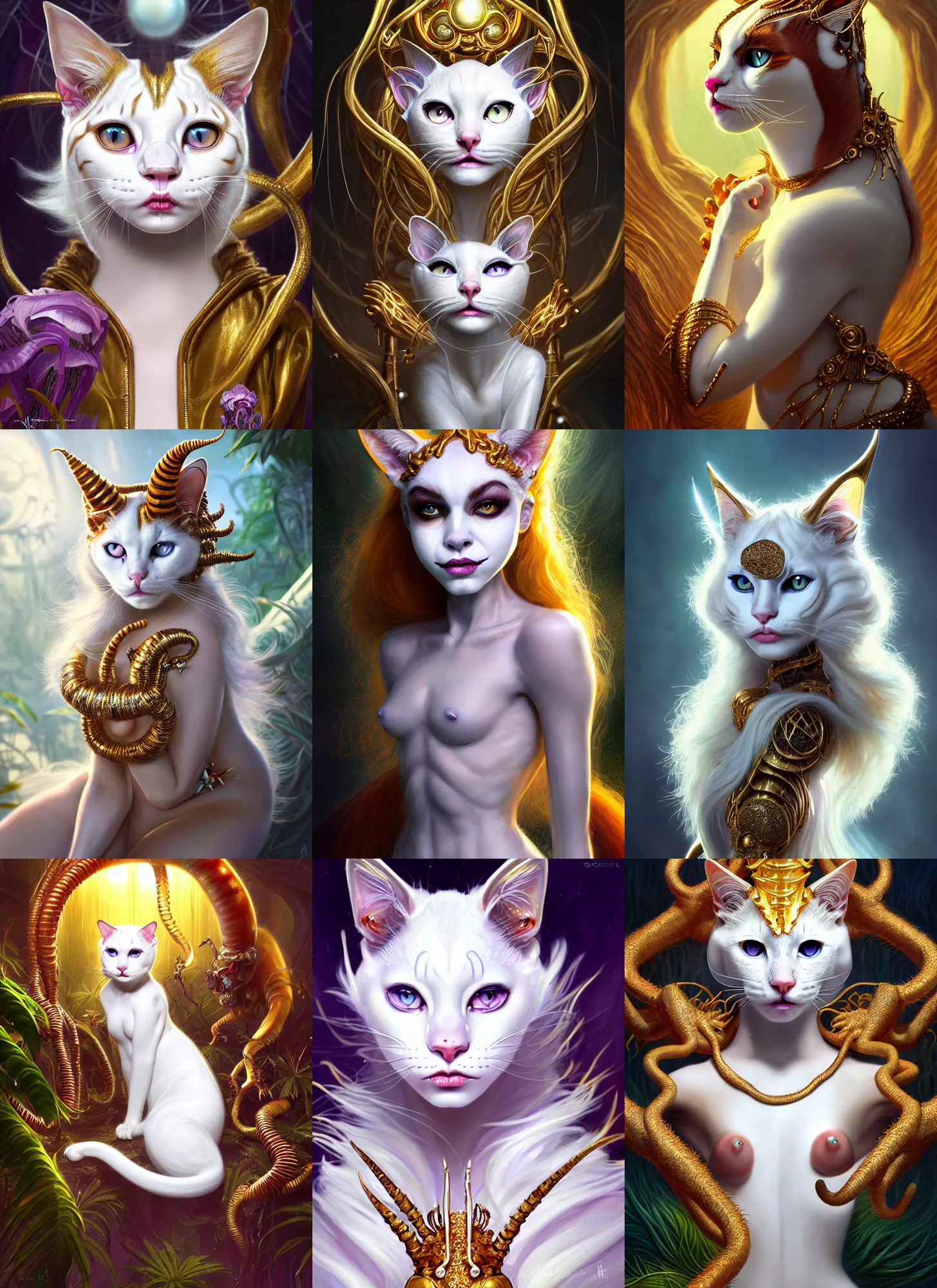 Prompt: bright white cat clowncore : : disney weta portrait, soft polished jungle queen devil madison beer cyborg, bling, hi - fructose, sci - fi fantasy intricate decadent highly - detailed digital painting, golden ratio, octane render, artstation, concept art, smooth, sharp focus, illustration, artgerm, mucha, loish, wlop