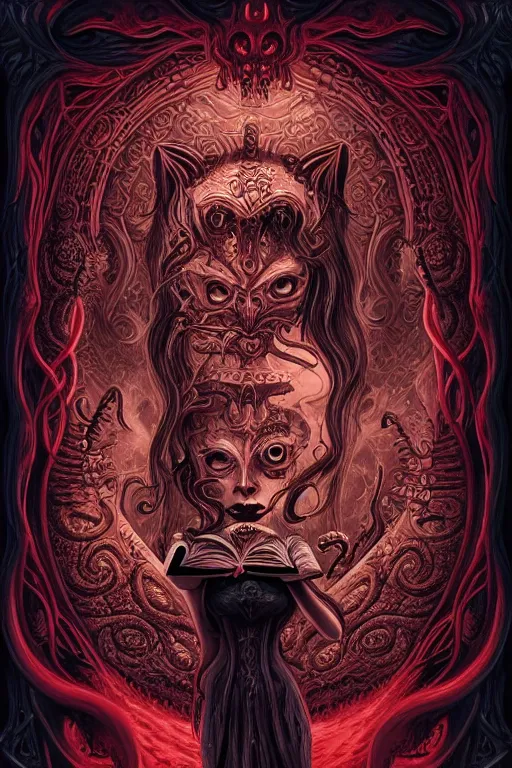 Image similar to ai illustration of demoness, her cat and her book of necronomicon, symmetrical, cinematic, sharp focus, 4 k, ultra hd, sense of awe, sinister demonic atmosphere, dreadful, forbidden knowledge, old gods, cthulhu, yog - sothoth! yah, yah, yah! cultist journal cover